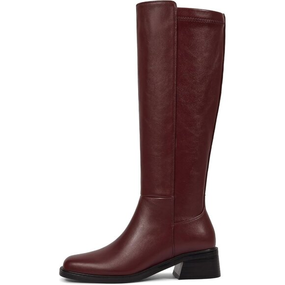 Women Brown Chunky Low Heel Square Toe Elastic Tall Boots Side Zipper PU Lea - Picture 2 of 6